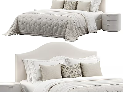 Minimalist Double Bed Interior With Curved Headboard Decorative Pillows And White Drawer Nightstand 3d model