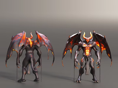 Fierce Game Movie Demon Character With Flaming Wings Horns Glowing Body And Clawed Hands 3d model