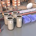 Industrial Equipment Setup With Crane Cardboard Boxes Parts And Components