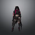Woman With Pink Hair And Horned Headdress In Black Red Gothic Outfit Holding Skull Accessory