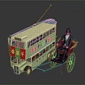 Vintage Double Decker Bus And Rickshaw Display With Man In Top Hat Seated On Rickshaw