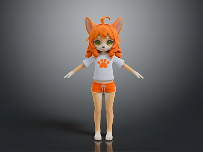 Anthropomorphic Fox Character With Orange Hair Green Eyes White Paw Print T-shirt And Orange Shorts 3d model