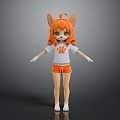 Anthropomorphic Fox Character With Orange Hair Green Eyes White Paw Print T-shirt And Orange Shorts