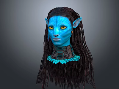 Blue Skinned Fantasy Character With Pointed Ears Yellow Eyes And Long Braided Hair 3d model