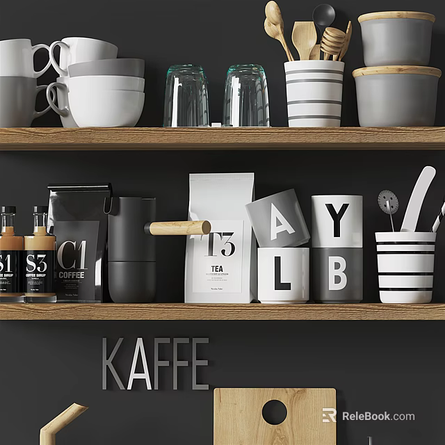 Modern Kitchenware Display On Wooden Shelves With Coffee Mugs Letter Cups And Striped Bowls 3d model 