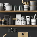 Modern Kitchenware Display On Wooden Shelves With Coffee Mugs Letter Cups And Striped Bowls