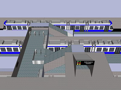 Modern Subway Station Platform With Trains Stairs And Digital Signage 3d model