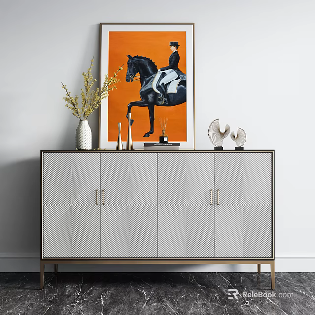 Elegant Modern Entryway Console Cabinet With Diamond Pattern Golden Handles And Decorative Ornaments 3d model 