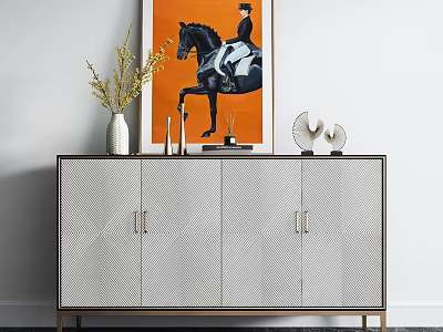 Elegant Modern Entryway Console Cabinet With Diamond Pattern Golden Handles And Decorative Ornaments 3d model
