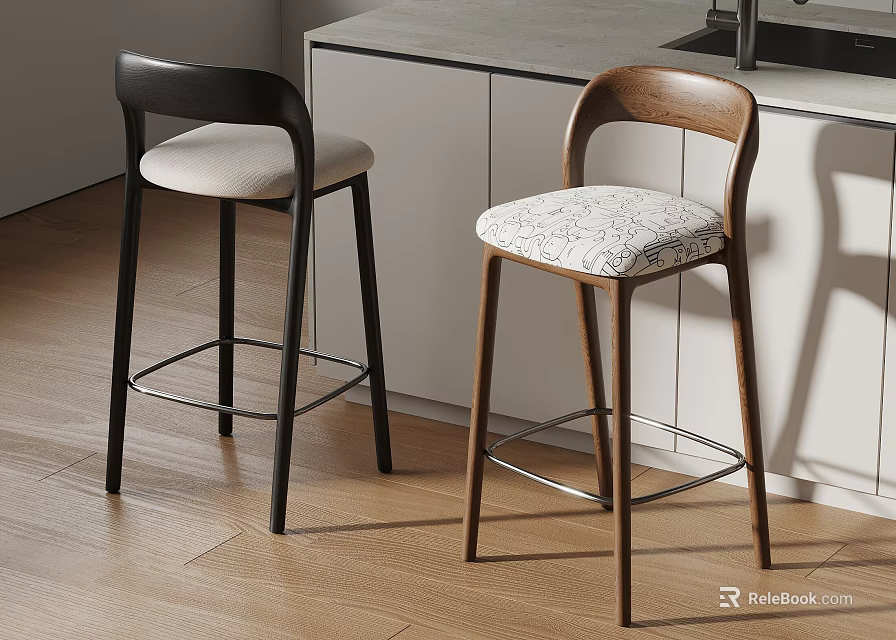 Modern Minimalist Solid Wood Bar Stools With Upholstered Seat And Backrest For Home Kitchen Island 3d model 