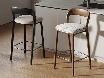 Modern Minimalist Solid Wood Bar Stools With Upholstered Seat And Backrest For Home Kitchen Island 3d model