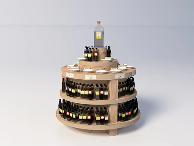 Multi Tiered Circular Wooden Display Shelf With Neatly Arranged Bottles And Labels 3d model