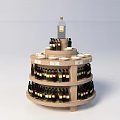 Multi Tiered Circular Wooden Display Shelf With Neatly Arranged Bottles And Labels