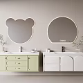 Bathroom Vanity with Light Green and White Cabinets Bear Ear Shaped and Round Mirrors Small Potted Plants
