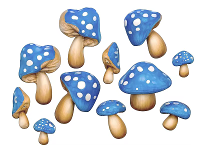 Handpainted Blue and White Spotted Mushrooms in Various Sizes for Food Decoration 3d model