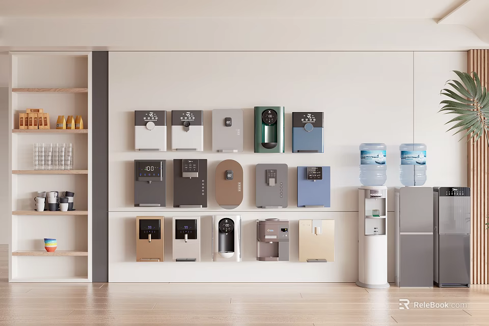 Modern Kitchen Setting With Wall Mounted Household Appliances Various Colors Styles Water Dispensers And Refrigerators 3d model 