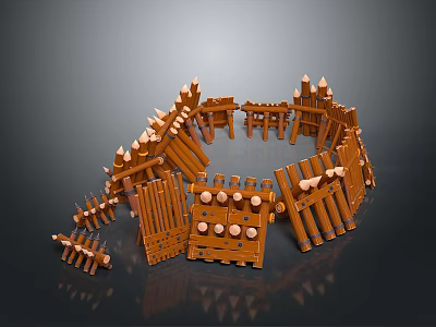 Brown Wooden Block Castle Fortifications With Spiked Tops Fence Structures And Circular Layout 3d model