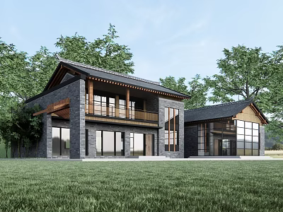 Modern Traditional Boutique Guesthouse Building with Stone Exterior Large Glass Windows and Lush Greenery 3d model