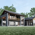 Modern Traditional Boutique Guesthouse Building with Stone Exterior Large Glass Windows and Lush Greenery