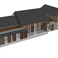 Traditional And Modern Style Office Building With Wooden Facade Red Decorations And Blue Sky