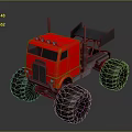 Red Monster Truck With Large Off Road Tires And Black Front Bucket