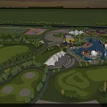 Scenic Amusement Park With Spacious Green Lawns Trees And Water Pools At Sunset