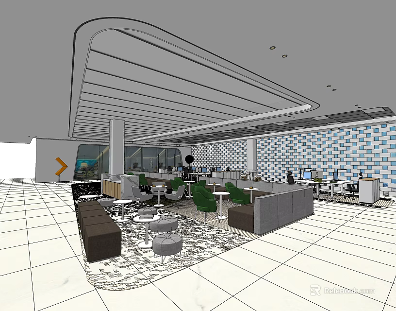 Modern Public Office Interior With Open Layout Desks Chairs And Lounge Area 3d model 