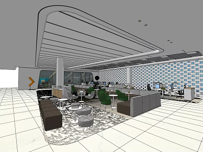 Modern Public Office Interior With Open Layout Desks Chairs And Lounge Area 3d model
