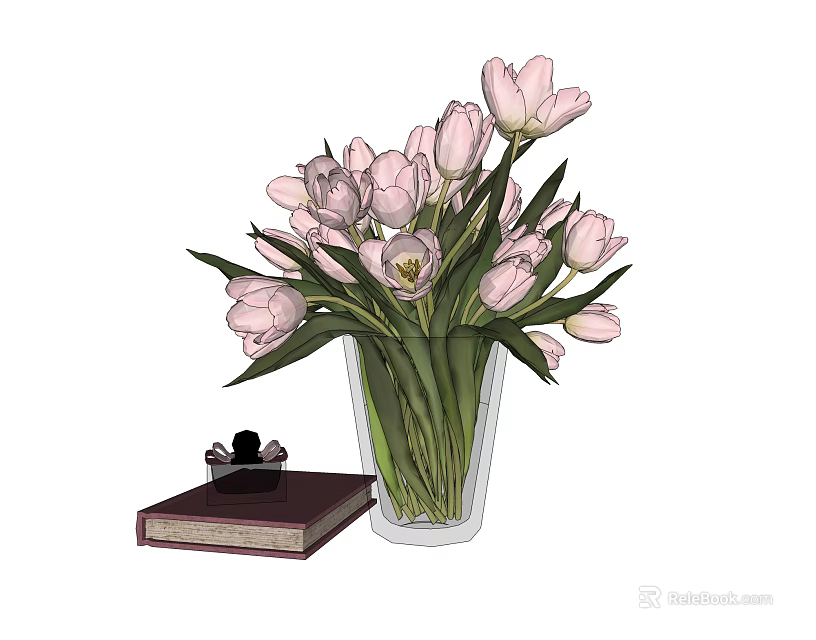 Pink Tulips Arranged in Transparent Vase with Hardcover Book and Decorative Items 3d model 