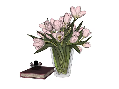 Pink Tulips Arranged in Transparent Vase with Hardcover Book and Decorative Items 3d model