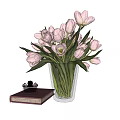 Pink Tulips Arranged in Transparent Vase with Hardcover Book and Decorative Items