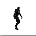 Cyborg Character in Black Armor with Blue Glowing Eyes Walking on Dark Background