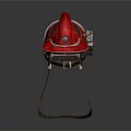 Red Mechanical Helmet With Antenna And Metal Straps On White Background