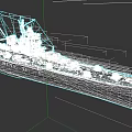 Detailed Military Battleship With Camouflage Paint Turret Superstructure And 3D Model On Dark Background