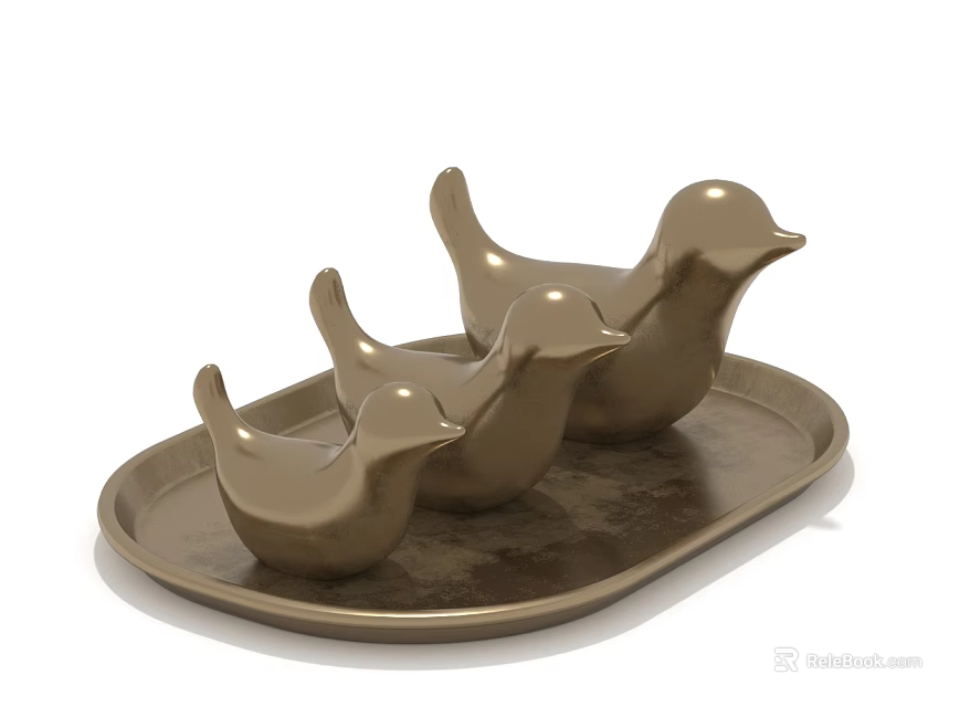 Decorative Ornament Set with Three Metallic Bird Figurines on Oval Tray 3d model 