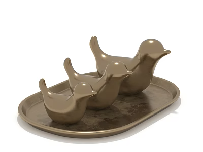 Decorative Ornament Set with Three Metallic Bird Figurines on Oval Tray 3d model