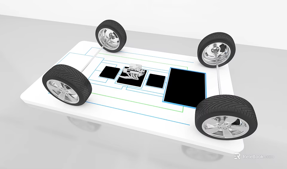 Car Design Blueprint On White Board With Four Black Tires And Silver Rims 3d model 