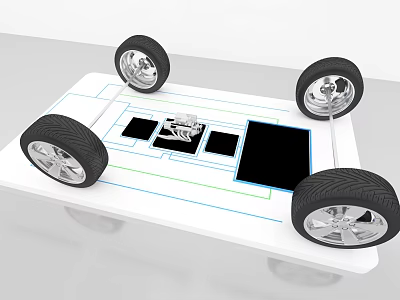 Car Design Blueprint On White Board With Four Black Tires And Silver Rims 3d model