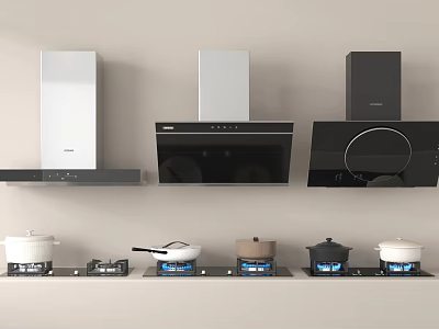 Various Design Kitchen Appliances With Range Hoods Gas Stoves And Cookware 3d model