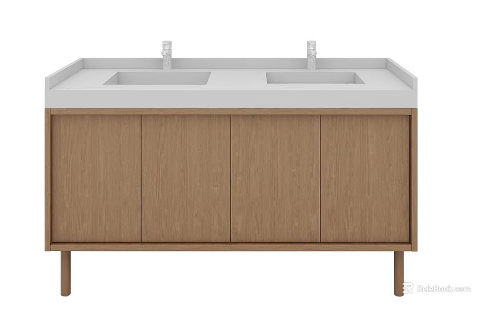 Modern Double Sink Vanity With Wooden Four Door Cabinet And Legs 3d model 