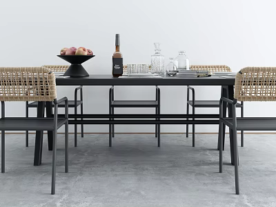 Modern Dining Table Set With Rattan Chairs Black Table And Fruit Bowl Wine Bottle Glasses 3d model