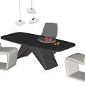 Modern Minimalist Interior Design With Black Table And White Black Chairs Fruit Bowl Hanging Lights
