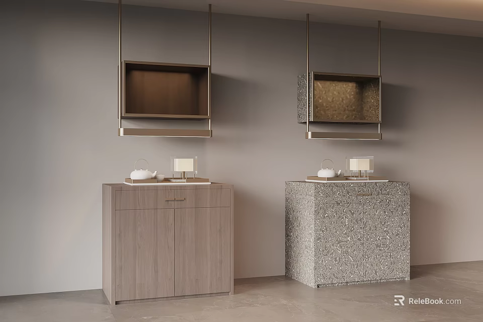 Modern Wooden And Stone Textured Sideboards With Wall Mounted Cabinets And Decorative Items 3d model 