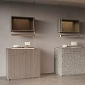 Modern Wooden And Stone Textured Sideboards With Wall Mounted Cabinets And Decorative Items