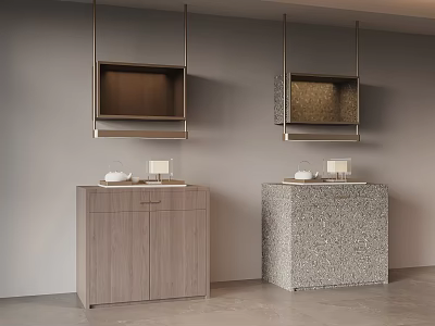 Modern Wooden And Stone Textured Sideboards With Wall Mounted Cabinets And Decorative Items 3d model