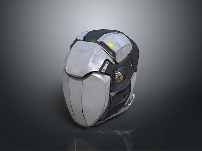 Futuristic Tactical Weapon Helmet With Silver Metal Armored Design Black Accents And Yellow Lights 3d model