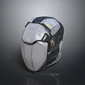 Futuristic Tactical Weapon Helmet With Silver Metal Armored Design Black Accents And Yellow Lights