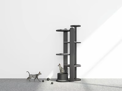 Black Multi Tier Display Shelf With Cats And Play Balls In Indoor Space 3d model