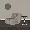 Knitted Design Single Seater Sofa With Checkered Side Table Pendant Lamp And Light Shadow