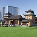Ancient Chinese Architectural Building With Yellow Walls Black Tiled Roofs And Towers Stone Steps River